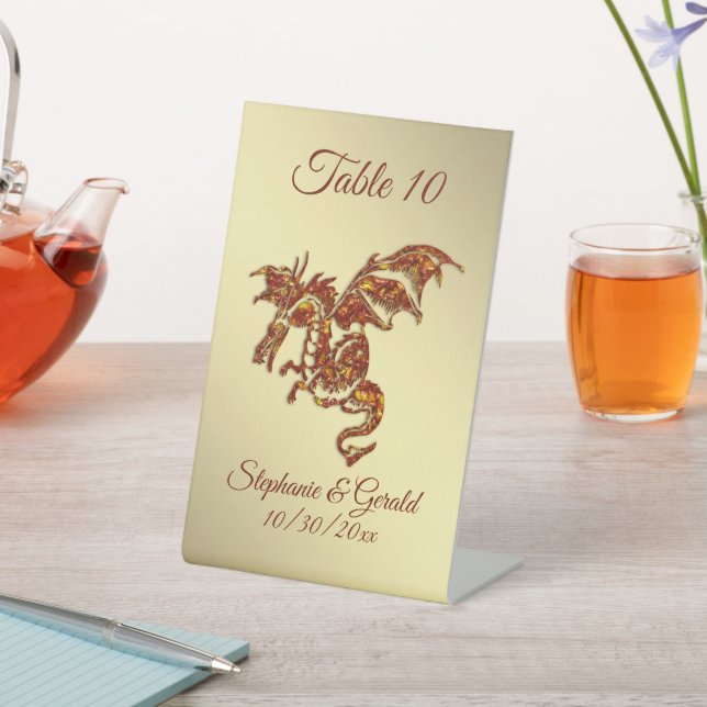 Flaming Dragon on Gold Personal Pedestal Sign (In SItu)