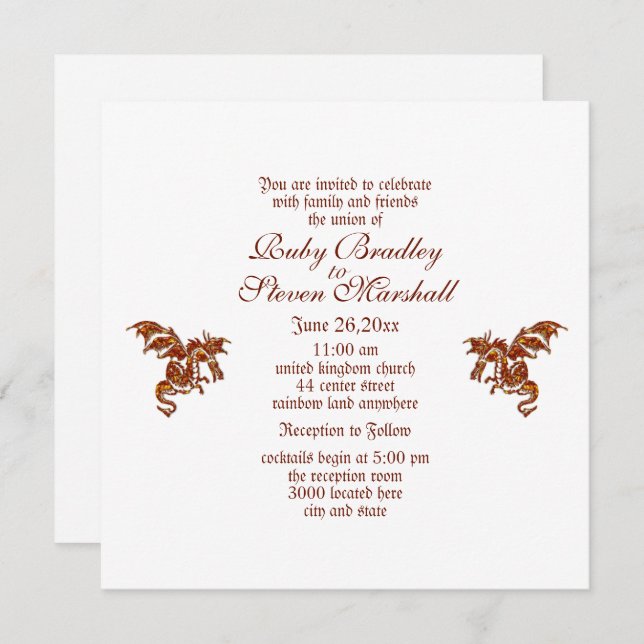 Flaming Dragon White Fantasy Wedding Theme Invitation (Front/Back)