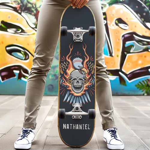Flaming Eagle Skull Custom Name Skateboard