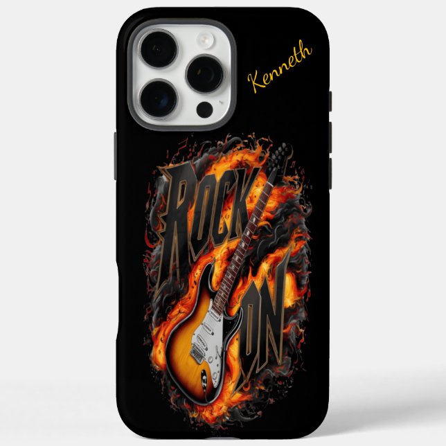 Flaming electric guitar with bold text Case-Mate iPhone case (Back)