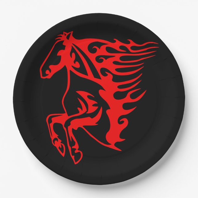 Flaming Fire Red Bronco Mustang Wild Horse Paper Plates (Front)