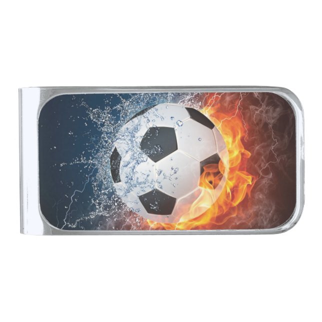 Flaming Football/Soccer Ball Throw Pillow Silver Finish Money Clip (Front)