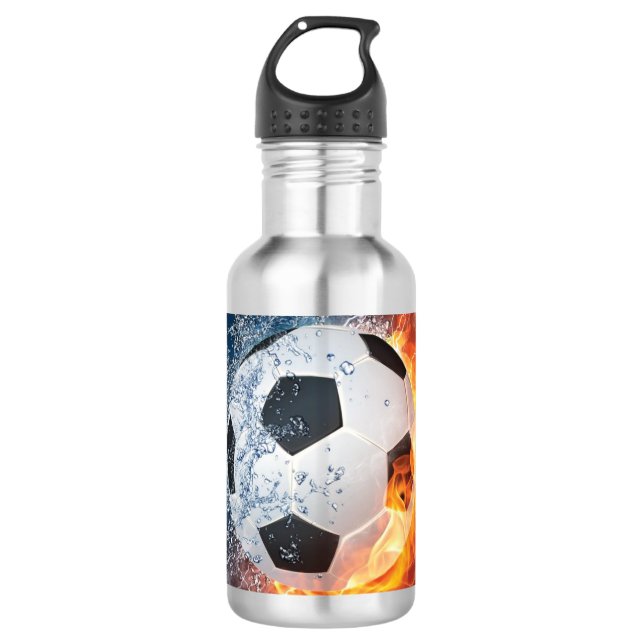 Flaming Football/Soccer Ball Throw Pillow Stainless Steel Water Bottle (Front)