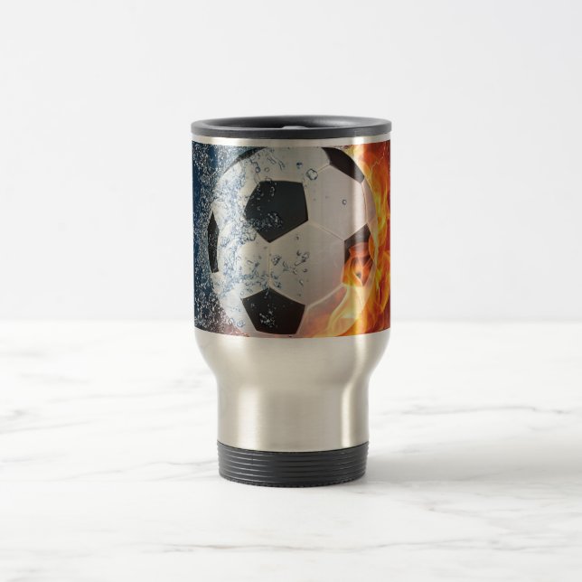 Flaming Football/Soccer Ball Throw Pillow Travel Mug (Center)