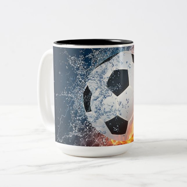 Flaming Football/Soccer Ball Throw Pillow Two-Tone Coffee Mug (Front Left)