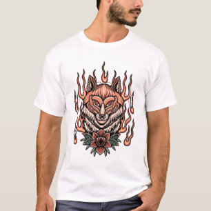 Flaming fox with roses tattoo design T-Shirt