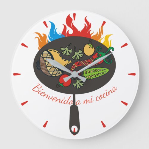 Flaming frying pan Mexican food kitchen clock