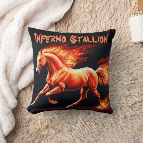 Flaming Fury Orange Horse with Burning Mane Throw Pillow