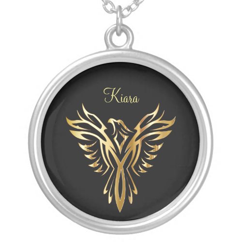 Flaming golden phoenix rising silver plated necklace