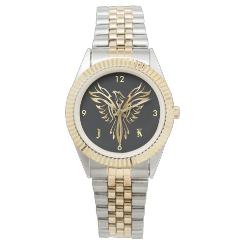 Flaming golden phoenix rising with initials watch