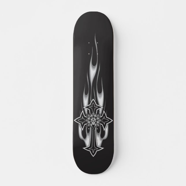 Flaming Goth Skull Cross Skateboard Deck (Front)