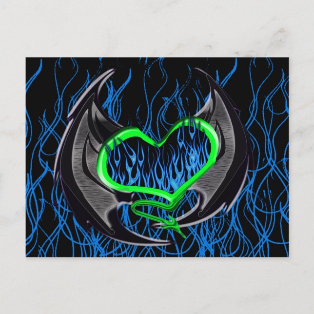 Flaming Green Heart with Bat Wings Postcard (Front)