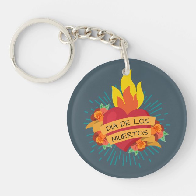 Flaming Heart Dia de los Muertos | Keychain (Front)