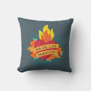 Flaming Heart Dia de los Muertos   Throw Pillow