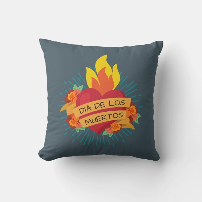 Flaming Heart Dia de los Muertos | Throw Pillow (Front)