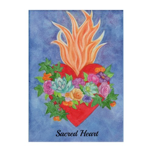 Flaming Heart Floral Acrylic Watercolor Art Piece
