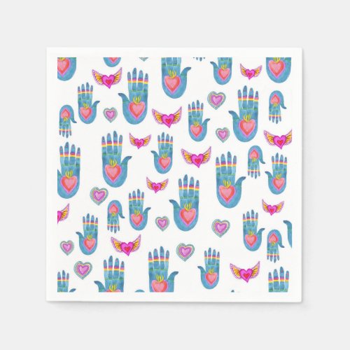Flaming Hearts  Hands Watercolor Valentines Love Napkins