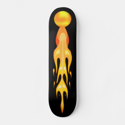 Flaming hot ball in red orange  yellow on black skateboard