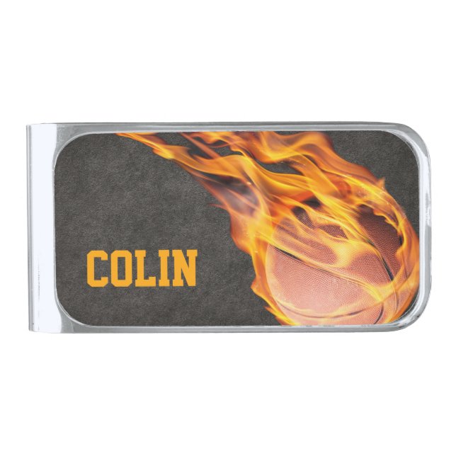 Flaming Hot Fiery Basketball Silver Finish Money Clip (Front)