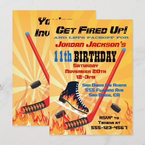 Flaming Ice Hockey Skating Party Invitations