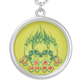 Flaming Irish Skulls Silver Plated Necklace