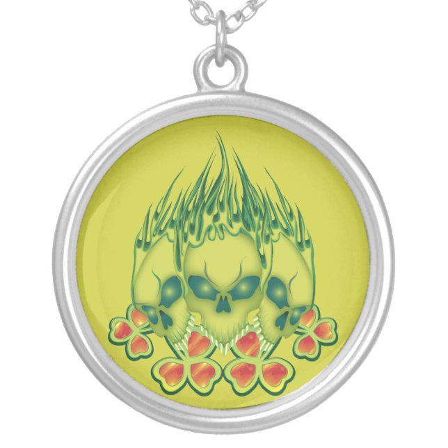 Flaming Irish Skulls Silver Plated Necklace (Front)