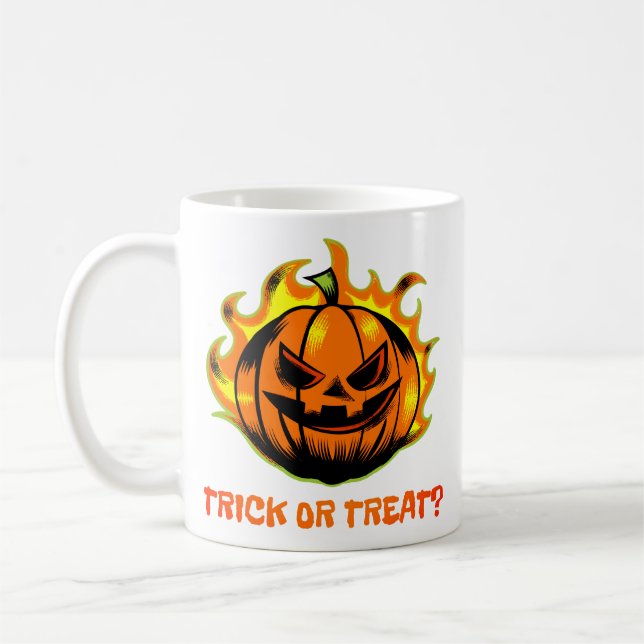 Flaming Jack-O’-Lantern Trick or Treat? –Halloween Coffee Mug (Left)