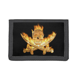 Flaming Jolly Roger Gold Tri-fold Wallet