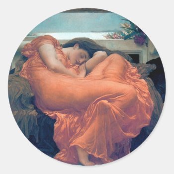 Flaming June Woman Orange Dress Painting Classic Round Sticker by EDDESIGNS at Zazzle