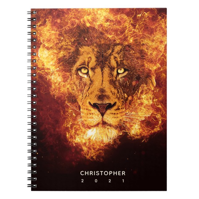Flaming Lion Face Name Year Notebook (Front)