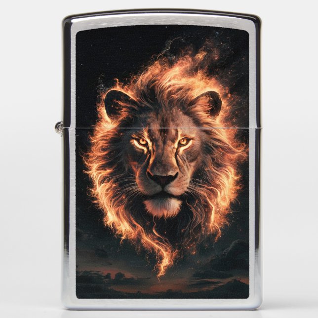 Flaming Lion Face on Fire Zippo Lighter  (Front)