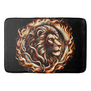 Flaming Lion in Ring of Fire Flames Astrology Bath Mat