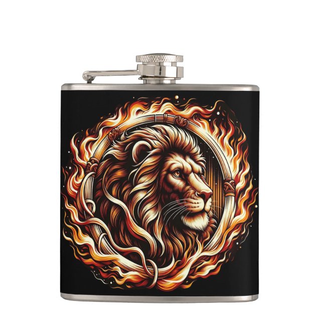 Flaming Lion in Ring of Fire Flames Astrology  Flask (Front)