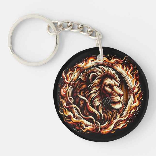 Flaming Lion in Ring of Fire Flames Astrology  Keychain (Front)