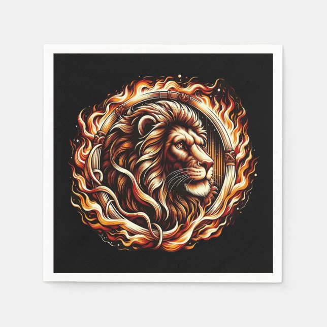 Flaming Lion in Ring of Fire Flames Astrology  Napkins (Front)