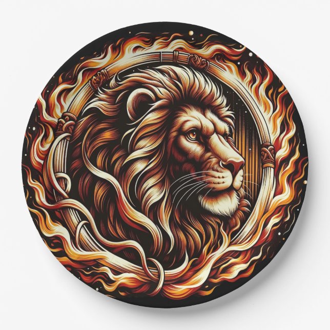 Flaming Lion in Ring of Fire Flames Astrology  Paper Plates (Front)