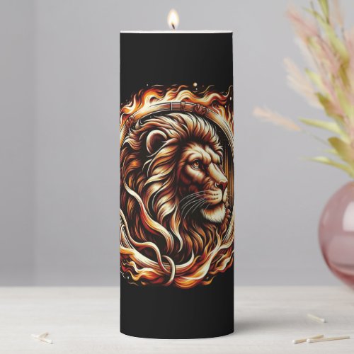 Flaming Lion in Ring of Fire Flames Astrology  Pillar Candle