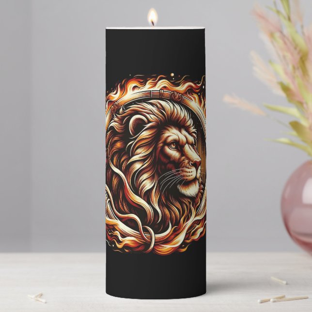 Flaming Lion in Ring of Fire Flames Astrology  Pillar Candle (In Situ)