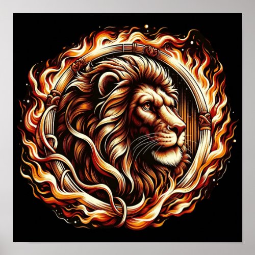 Flaming Lion in Ring of Fire Flames Astrology Poster