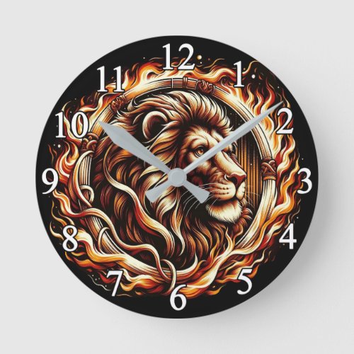 Flaming Lion in Ring of Fire Flames Astrology  Round Clock