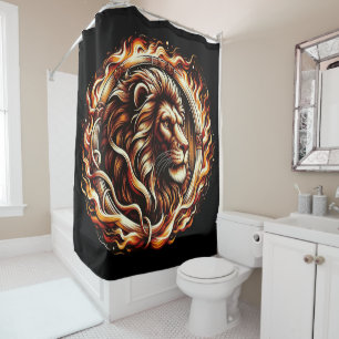 Flaming Lion in Ring of Fire Flames Astrology  Shower Curtain