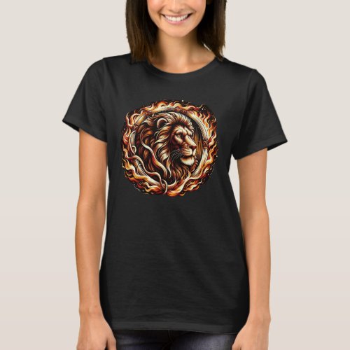 Flaming Lion in Ring of Fire Flames Astrology  T_Shirt