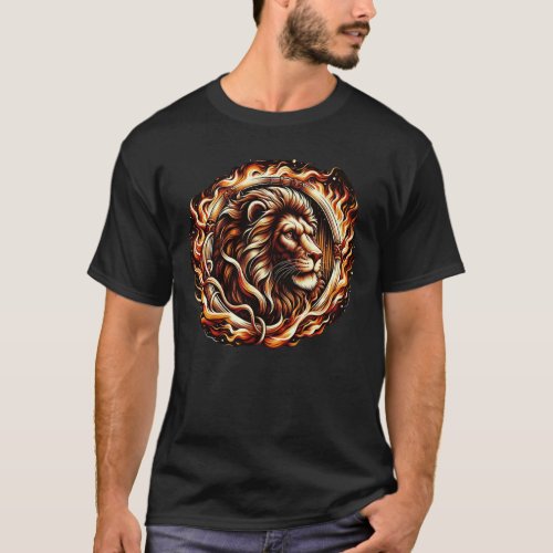 Flaming Lion in Ring of Fire Flames Astrology  T_Shirt