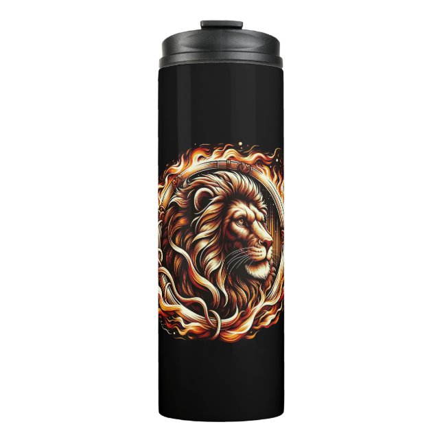 Flaming Lion in Ring of Fire Flames Astrology  Thermal Tumbler (Front)