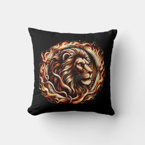 Flaming Lion in Ring of Fire Flames Astrology  Throw Pillow