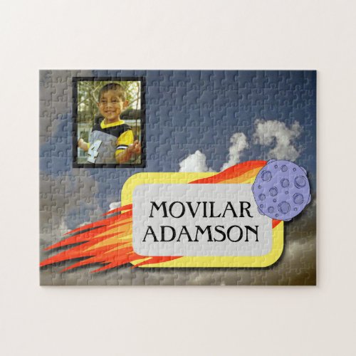 Flaming Meteor with Childs photo and Name Jigsaw Jigsaw Puzzle