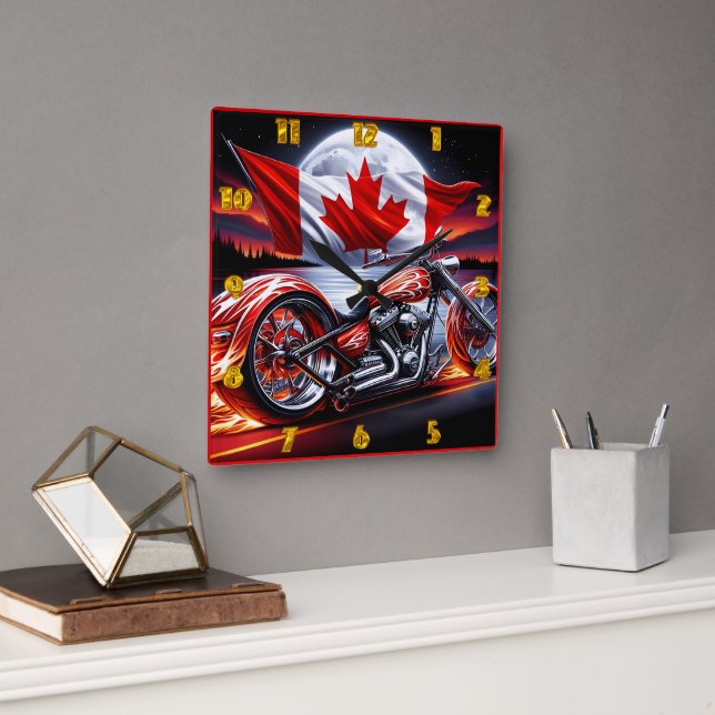 Flaming motorcycle rides under Canadian skies Square Wall Clock (Office)