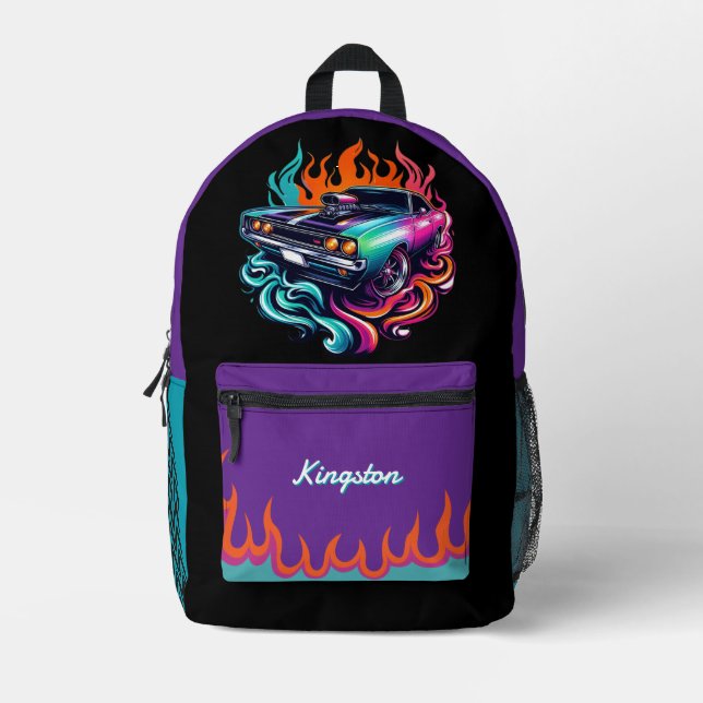 Flaming Muscle Car Candy Paint Purple Teal Orange Printed Backpack (Front)