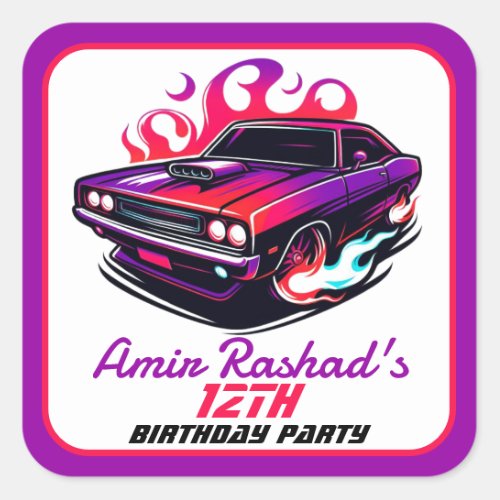 Flaming Muscle Car Purple  RedOrange Candy Paint Square Sticker