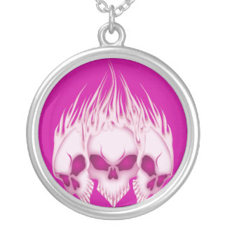 Flaming Pink Skulls Silver Plated Necklace